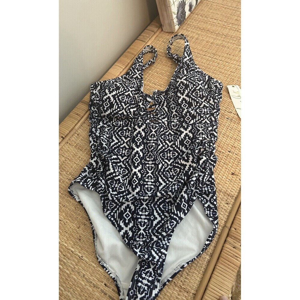 NWT Anne Cole Swimwear Womens 10 Navy White Aztec Pattern One Piece